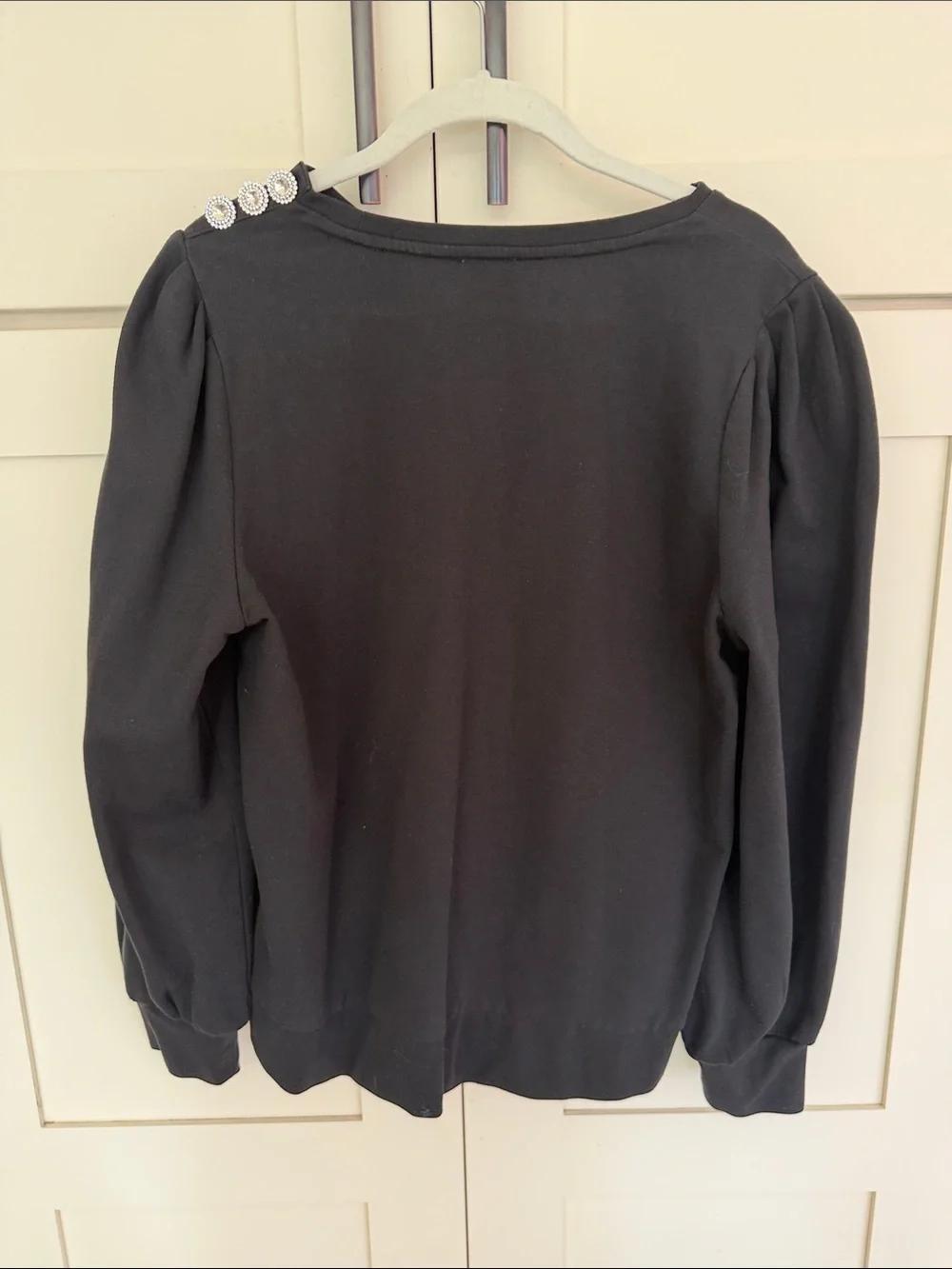 J. Crew Black Puff-Sleeve Sweatshirt with Decorative Shoulder Buttons
